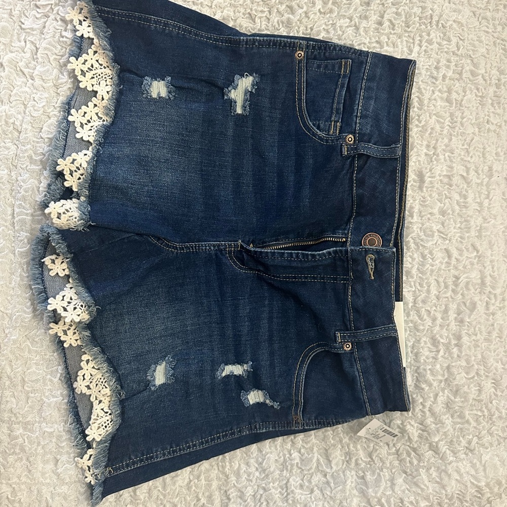 Maurices Dark Blue Jean Shorts with White Lace Trim